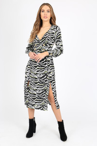 Black/White Zebra Print With Neon Pops Midi Dress With Side Splits