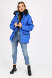 Royal Blue Puffer Coat With Faux Fur Trim On Hood And Badges