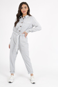 Grey Pastel Check Tie Waist Jumpsuit