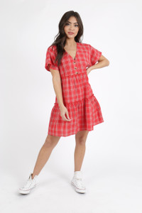 Red Check Cotton Frill Hem Smock Dress