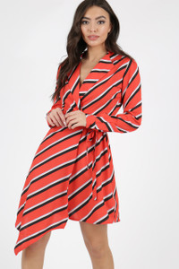Red Stripe Asymmetric Wrap Dress