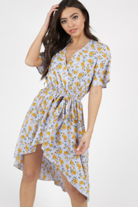 Blue Ditsy Floral Print Dip Hem Wrap Dress