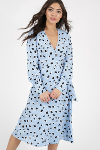 Blue Abstract Animal Print Side Tie Button Wrap Midi Dress