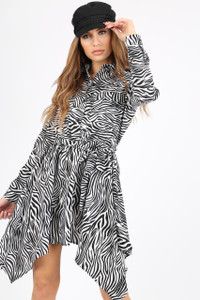 White Zebra Print Hanky Hem Shirt Dress