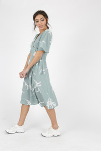 Green Floral Button Detail Wrap Midi Dress