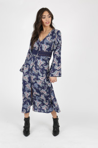 Navy Paisley Print Button Down Midi Dress