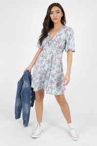 Blue Floral Print Tie Front Mini Dress
