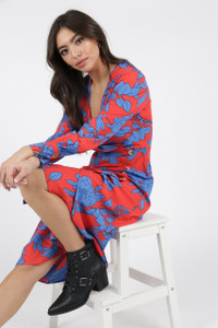 Red Blue Floral Side Button Detail Wrap Midi Dress