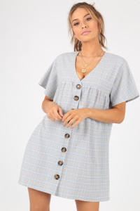Grey Check Mock Horn Button Smock Dress