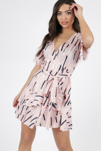 Pink Abstract Print Wrap Frill Skirt Mini Dress