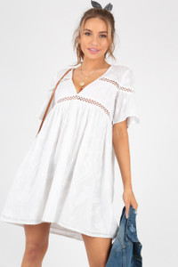 White Cotton Crochet Trim Smock Dress