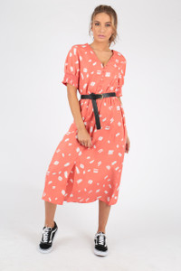 Coral Abstract Print Button Down Midi Dress