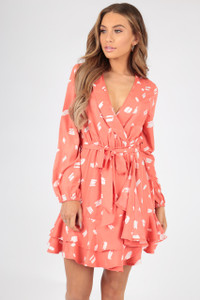 Coral Abstract Print Ruffle Wrap Mini Dress