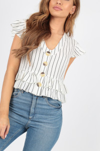 White Stripe Cotton Peplum Frill Button Top