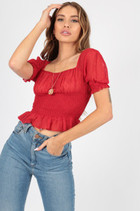 Red Dobby Shirred Milkmaid Puff Sleeve Crop Top