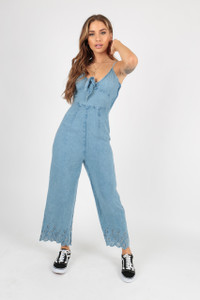 Denim Look Tie Front Jumpsuit with Broderie Hem