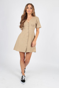 Stone Cotton Contrast Stitch Dress With Gathers And Self Fabric Button Detail