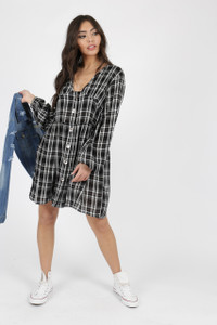 Black and White Check Button Detail Smock Dress