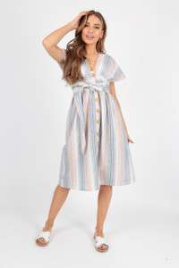 Cotton Stripe Button Through Midi Dress with Tie Belt