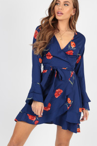 Navy Blue Floral Wrap Dress with Frill Skirt and Fluted Sleeve