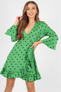 Green Black Polka Dot Spot Wrap Dress With Frill And Fluted Sleeve