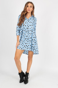 Blue Abstract Animal Dipped Hem Shirt Dress