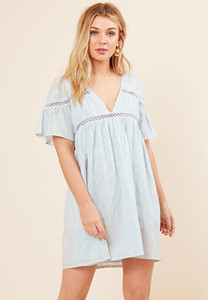 Dusty Blue Cotton Crochet Trim Smock Dress