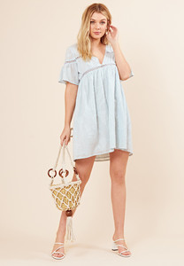 Dusty Blue Cotton Crochet Trim Smock Dress