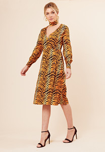 Tiger Print Side Button Detail Wrap Midi Dress