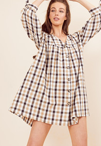 Check Tie Sleeve Button Smock Dress