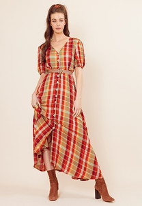 Check Puff Sleeve Maxi Tea Dress