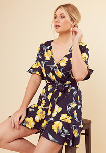 Navy Floral Wrap Frill Skirt Dress