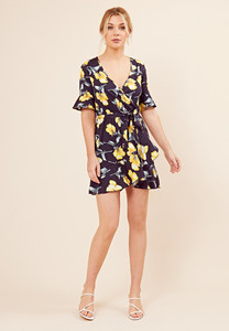 Navy Floral Wrap Frill Skirt Dress