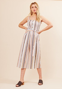 Multi Striped Linen Cropped Leg Button Detail Jumpsuit