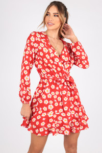 Red Daisy Print Wrap Dress With Ruffle Hem and Self Fabric Belt