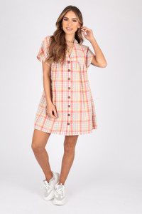 Cotton Check Smock Dress With Mock Horn Button Detailing