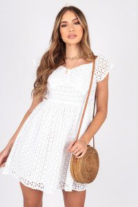 White Broderie Anglaise Summer Dress With Sweetheart Neckline and Short Cap Sleeve