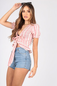 Cotton Stripe Tie Front Crop Top With Puff Sleeves