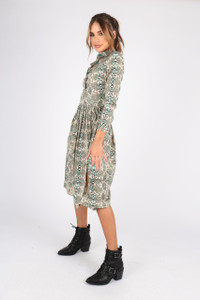Snake Print Midi Shirt Dress With Pleated Skirt and Splits