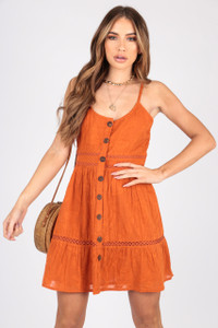 Rust Burn Out Button Down Cotton Dress With Ladder Trim