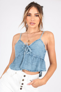 Denim Look Cami Top With Spaghetti Straps and Self Fabric Tie