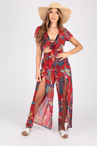 Tropical Print Georgette Co-Ords With Tie Front Top