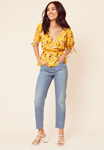 Yellow Floral Wrap Top With Tie Sleeve Detail