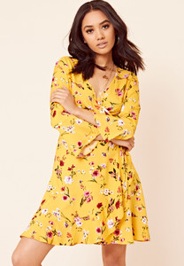 Yellow Floral Print Ruffle Hem Mini Dress