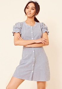 Navy and White Gingham Button Through Tea Dress