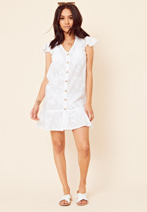 White Cotton Burn Out Dropped Hem Frill Sleeve Beach Dress