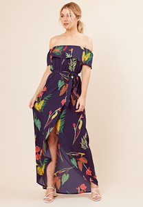 Navy Floral Print Wrap Skirt Maxi Dress