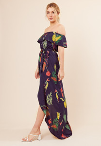Navy Floral Print Wrap Skirt Maxi Dress