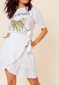 White Cotton Schliffy Wrap Skirt with Ruffle Hem