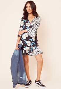 Navy Mix and Match Print Ruffle Hem Mini Dress
